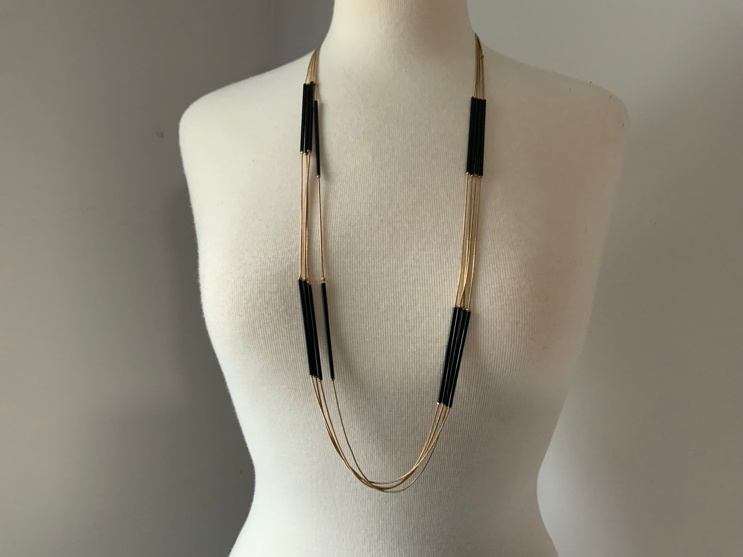 Golden Piano Wire with Long Black Bead Necklace
