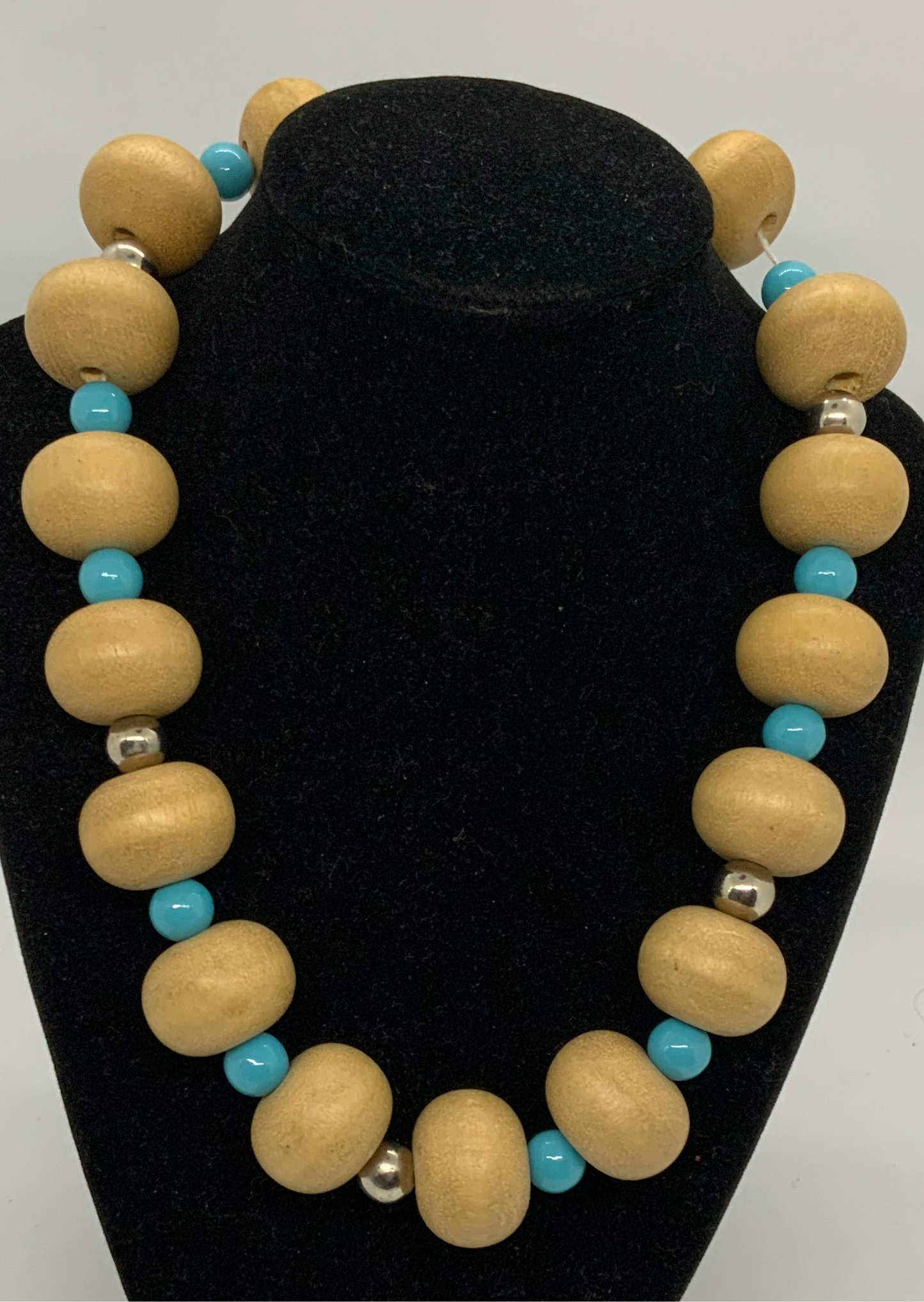 Beautiful Chunky Wood, Turquoise and Silver Beaded Necklace
