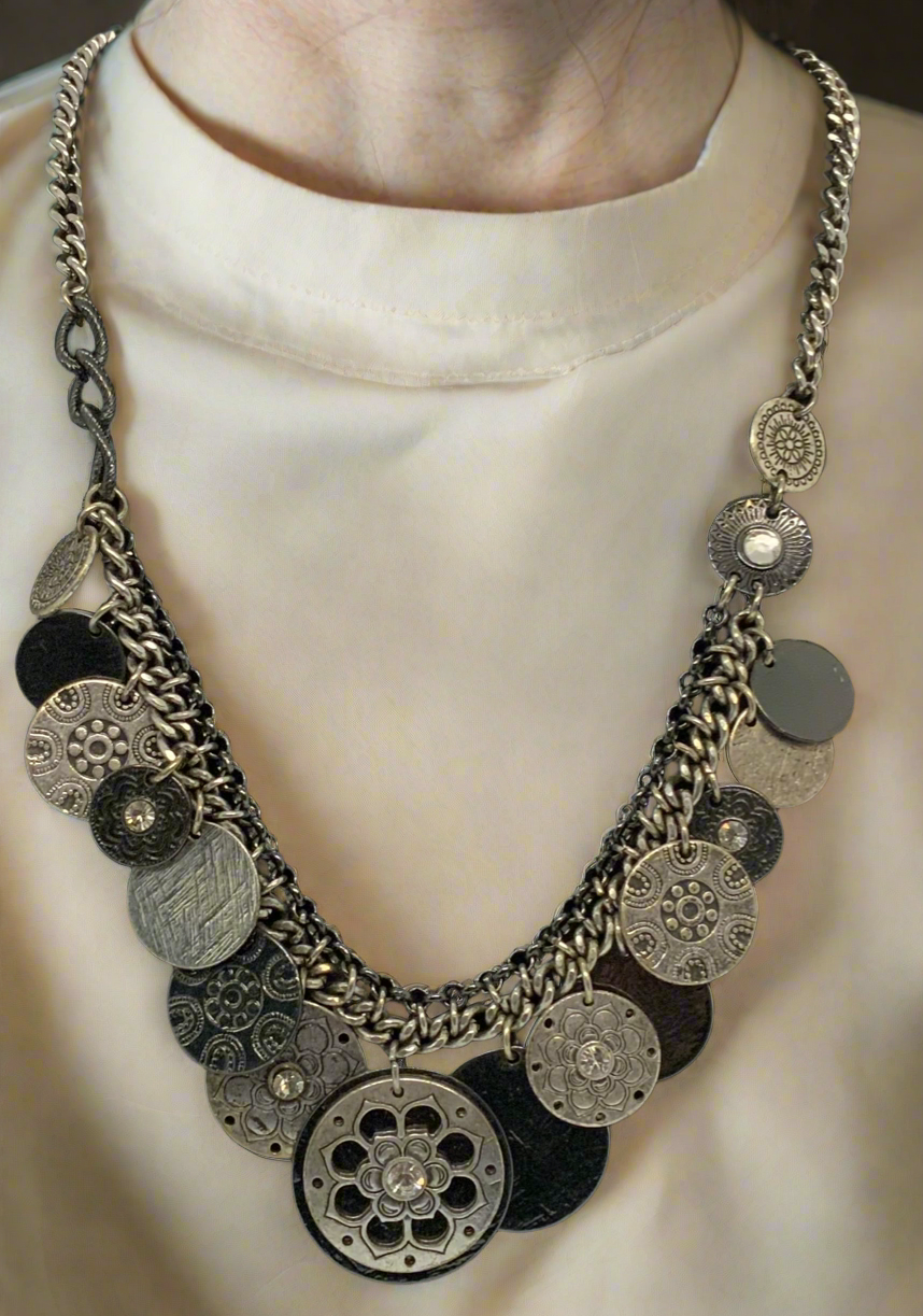 Vintage Statement Necklace w/ Metal Flower Medallions