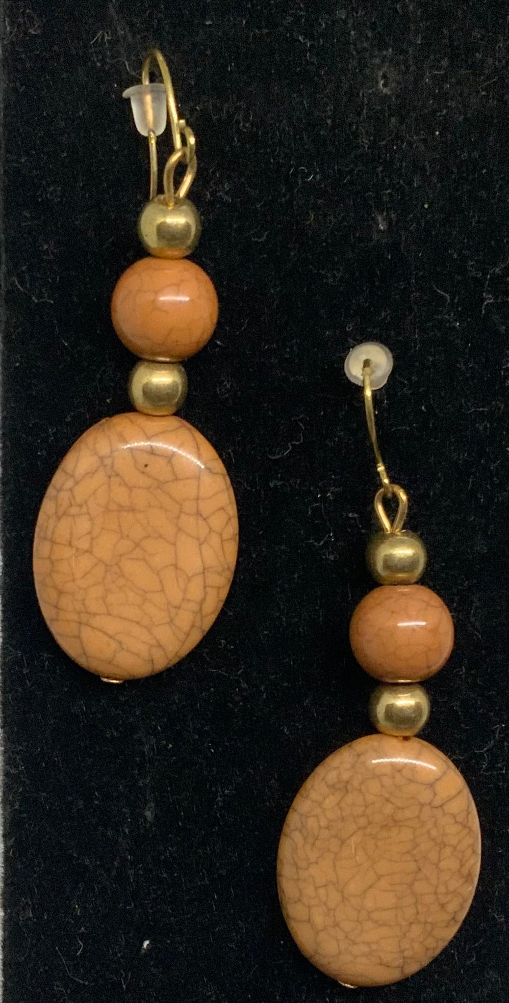 Elegant Handmade Crackle Tan & Gold Tone Beaded Earrings
