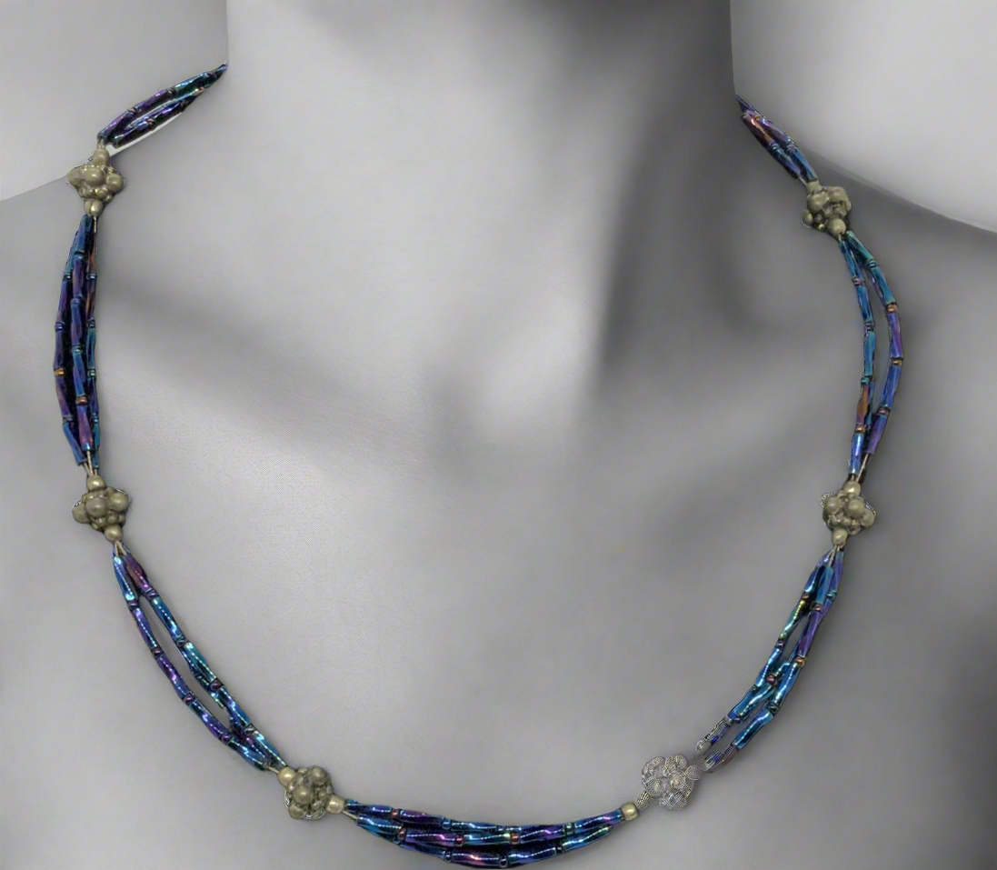 Beautiful Metallic Blue Iris Twist Bugle Necklace