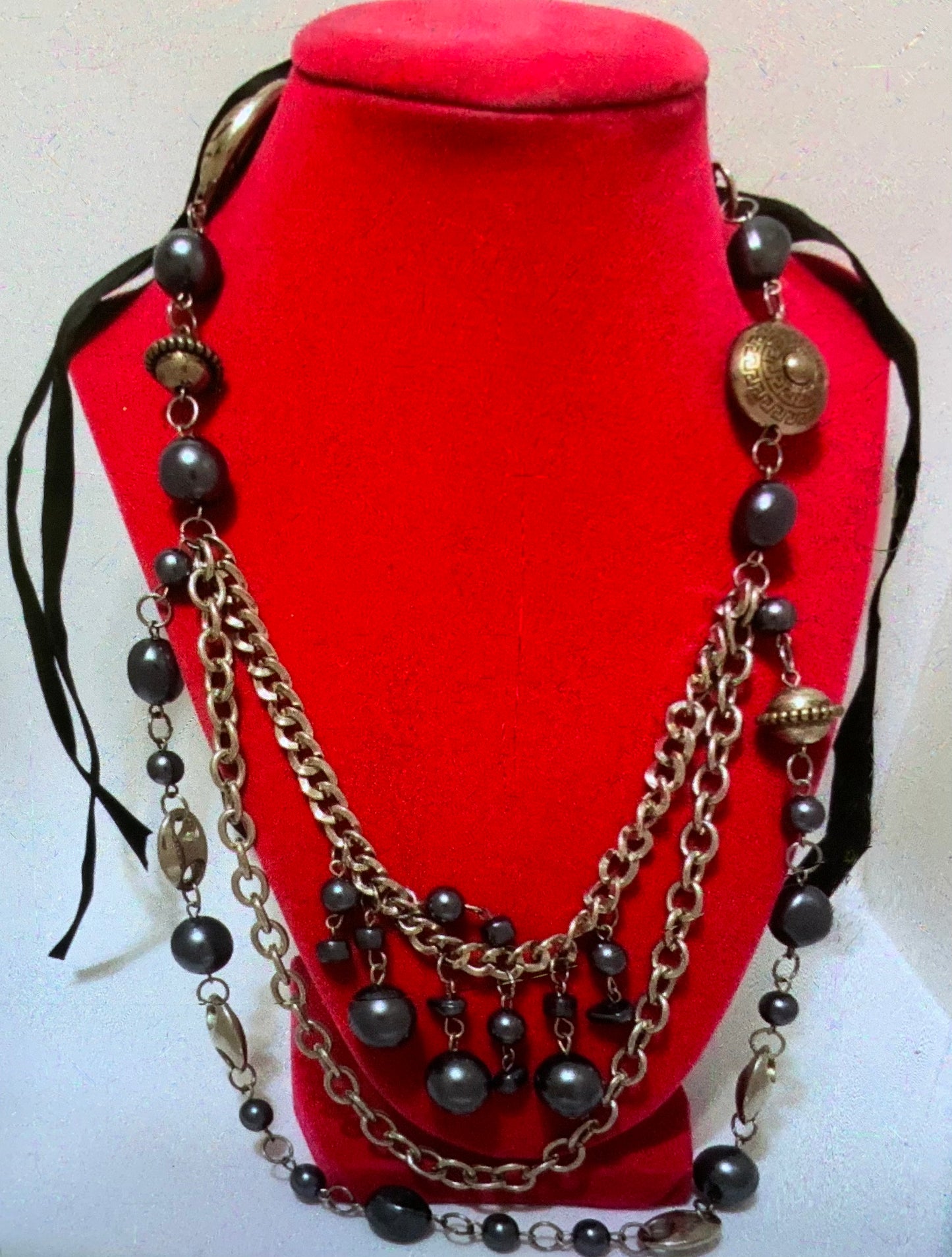 Paparazzi Grey & Silver Layered Chain Ribbon Tie Necklace