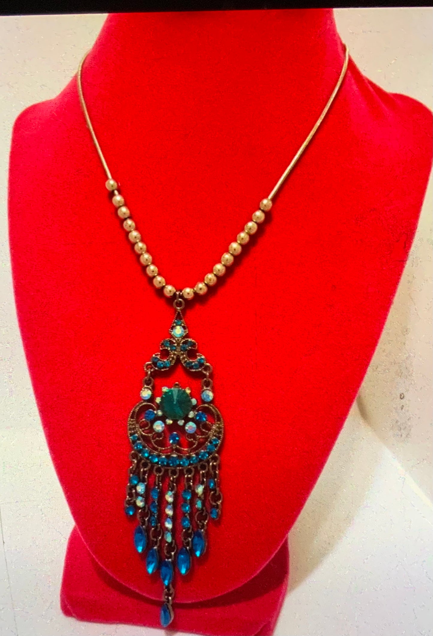 Art Deco Blue & Green Glass Festoon Necklace w/ Czech Rhinestones