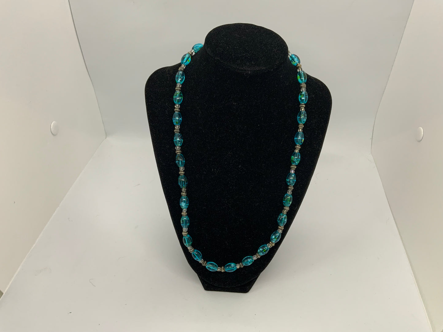 Blue & Clear Glass Beads w/ Silver Accent Necklace