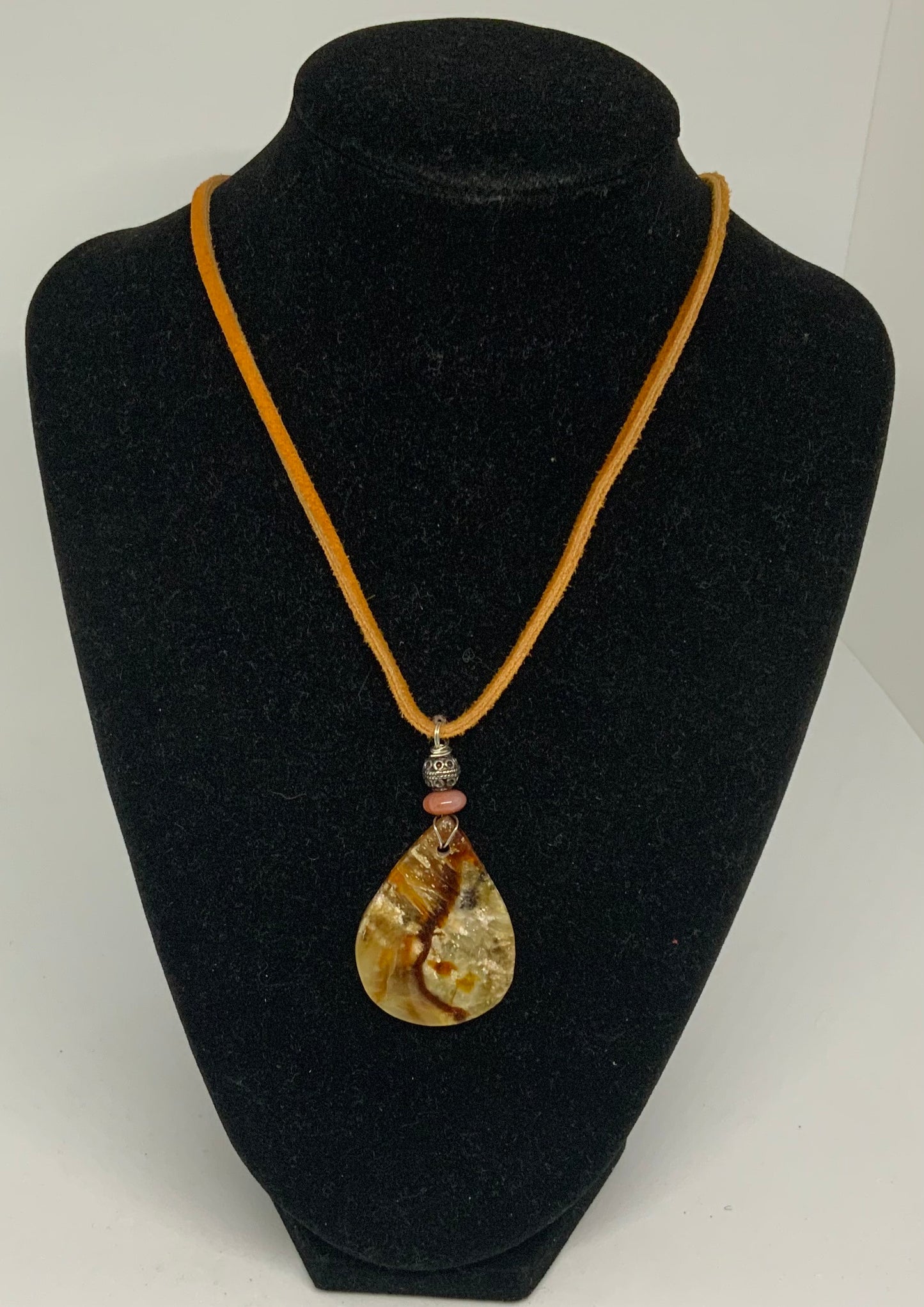 Beautiful Tam leather Rope Necklace w/a Rim Jasper Moss Agate Pendant