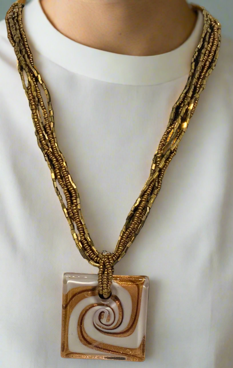 Beautiful Brown Golden Shimmer Seed Beads & Art Glass Pendant Multi Strand Necklace