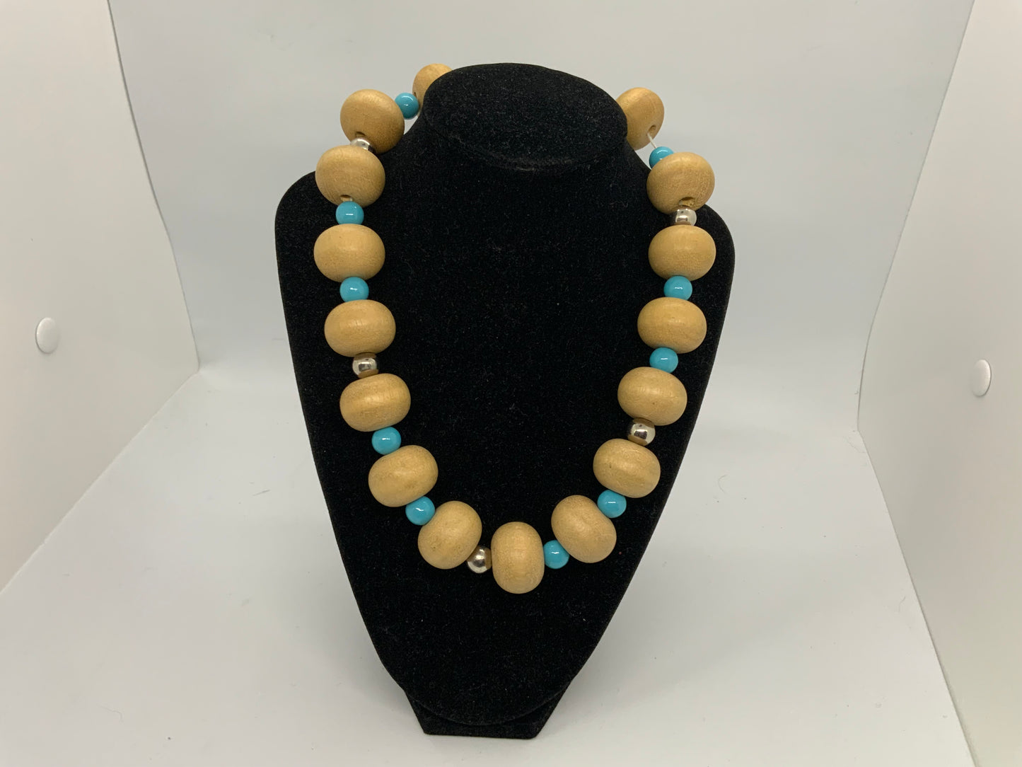 Beautiful Chunky Wood, Turquoise and Silver Beaded Necklace