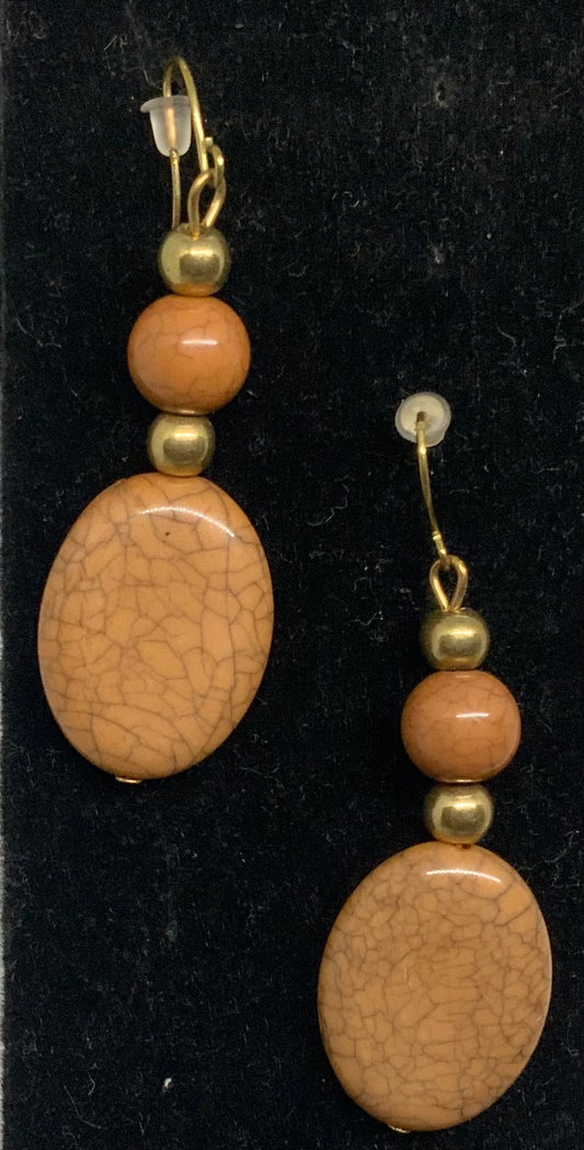 Elegant Handmade Crackle Tan & Gold Tone Beaded Earrings
