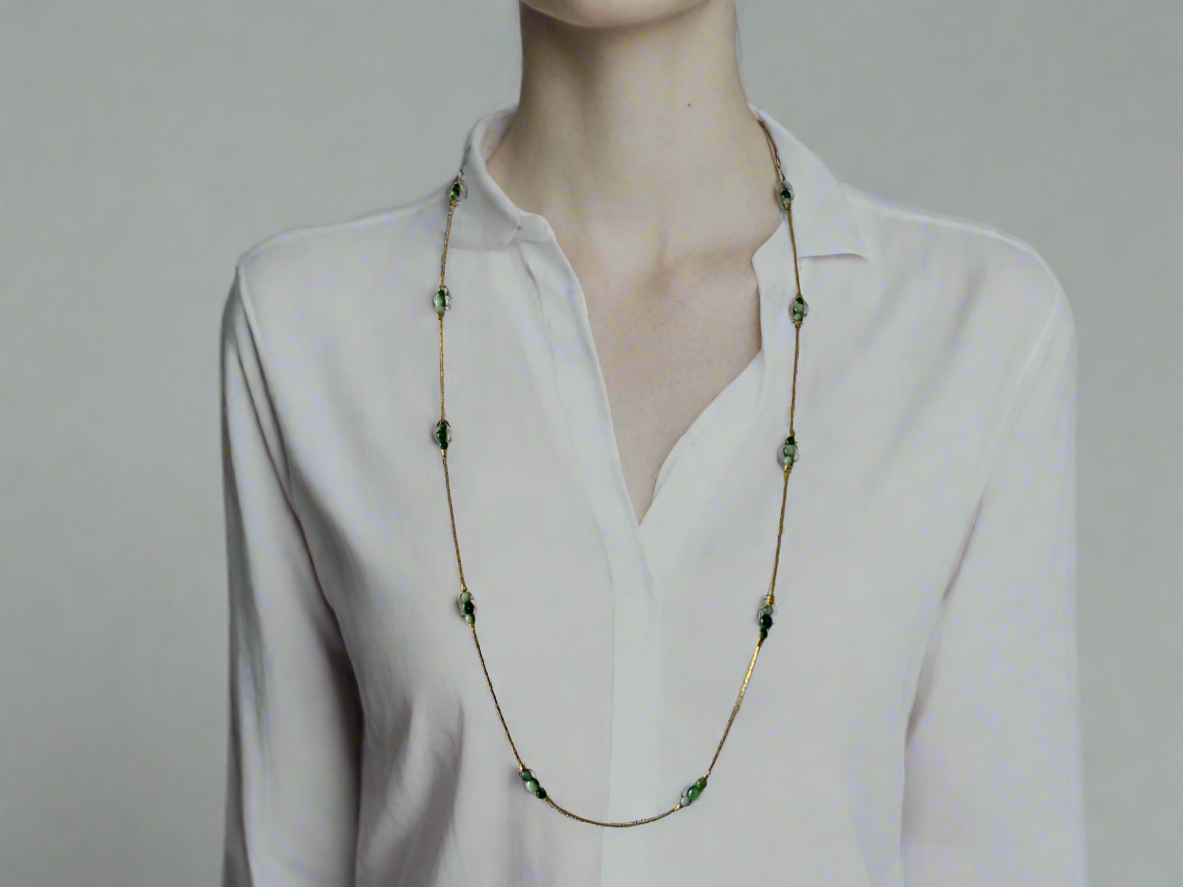 Vintage Korea Gold Tone Chain w/ Triple Green beaded Necklace