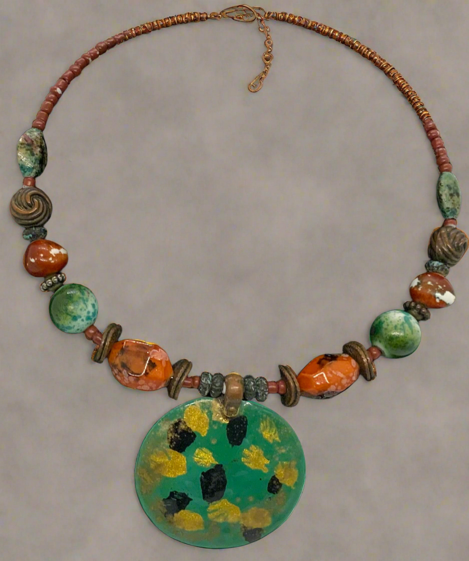 Beautiful Multi Color Orange, Green & Brown Beaded Necklace with Pendant