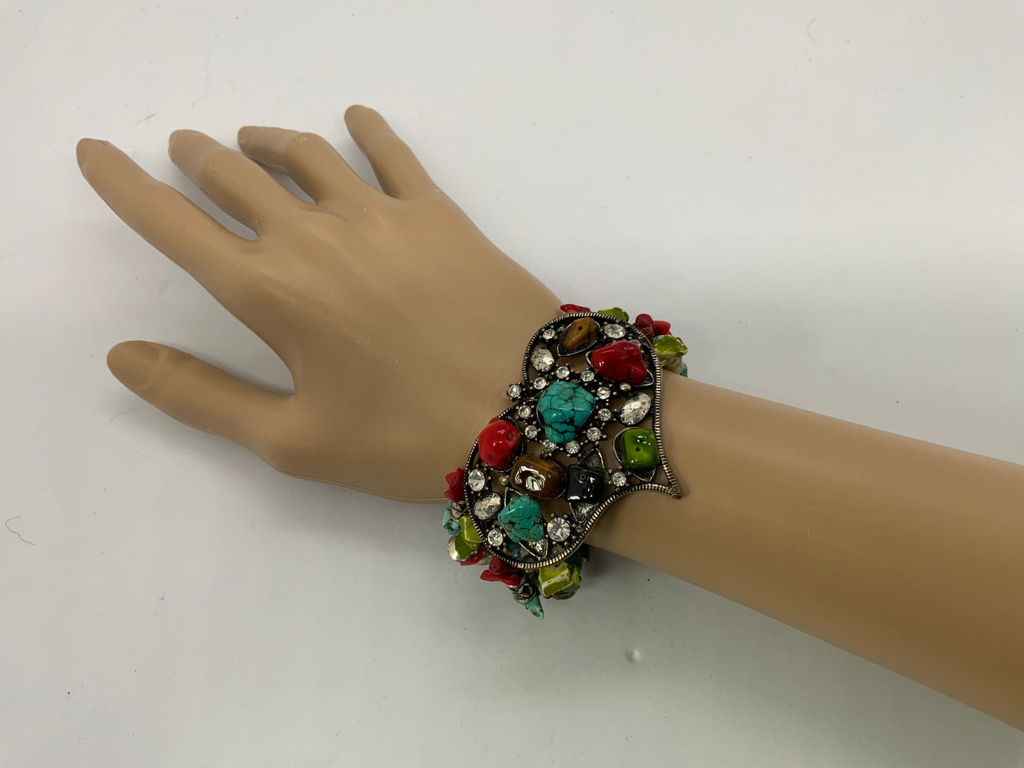 Multi Color Stone & Turquoise Heart Shape Silver Bracelet