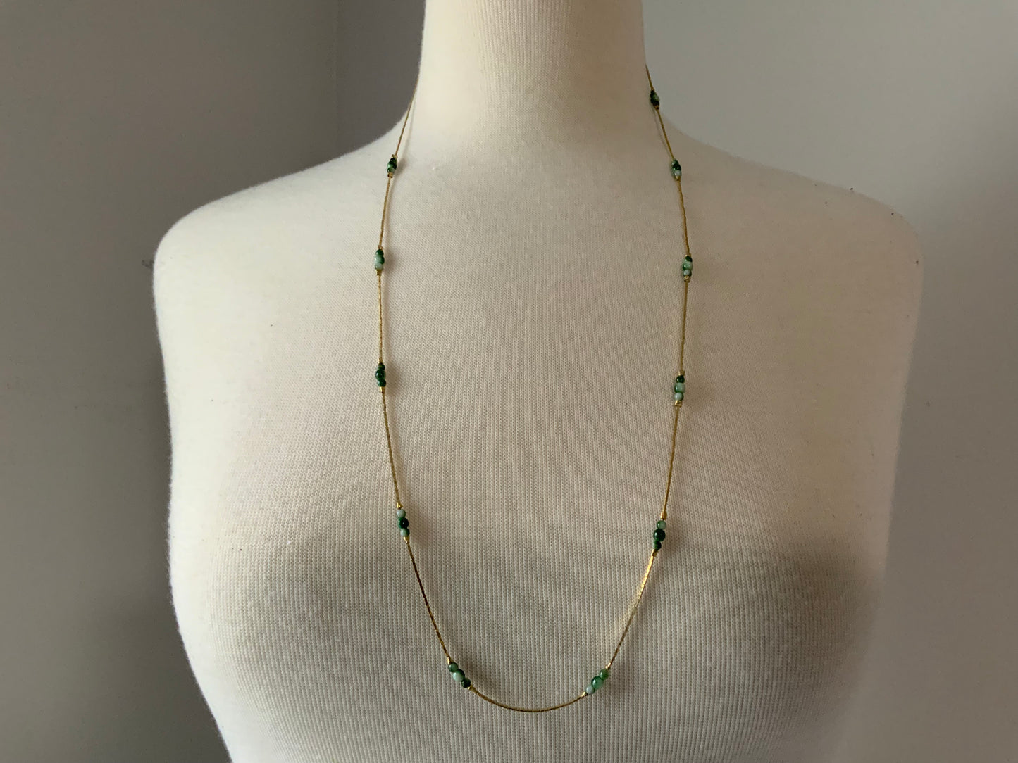 Vintage Korea Gold Tone Chain w/ Triple Green beaded Necklace
