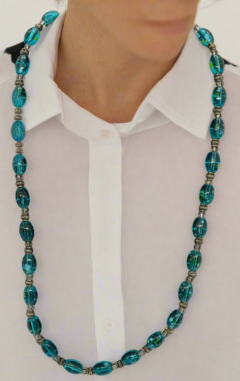 Blue & Clear Glass Beads w/ Silver Accent Necklace