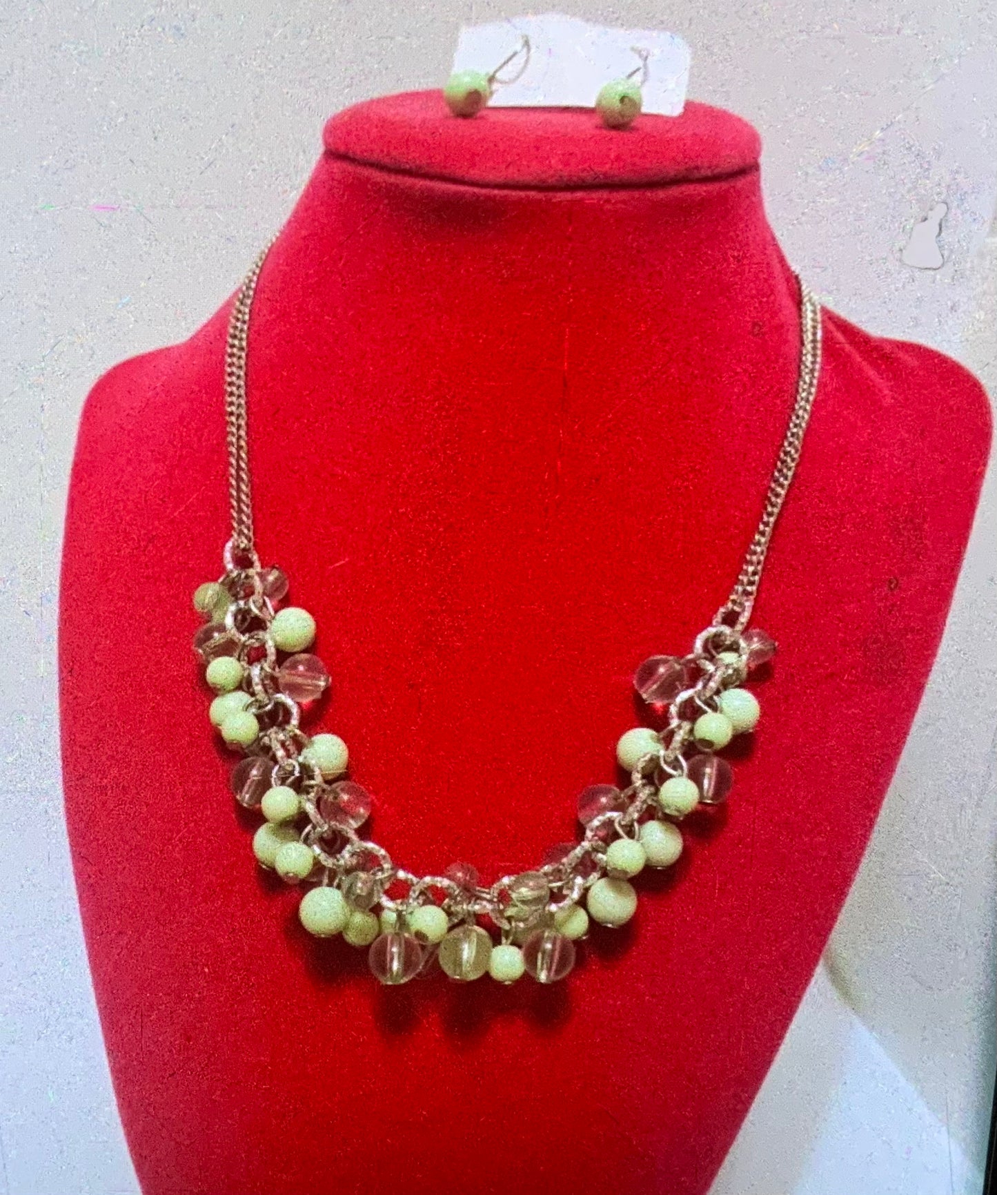 Vintage Silver w/ Light Green Beads Necklace w/ earrings